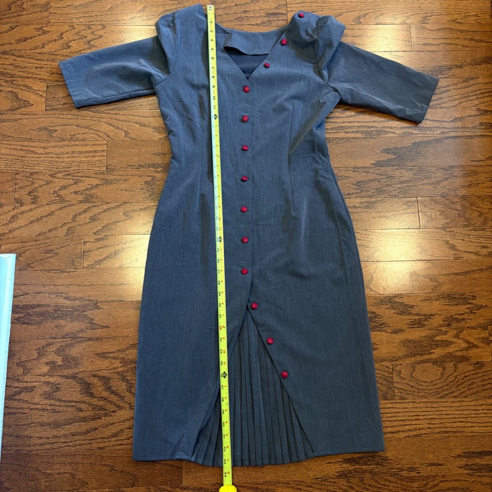 Vintage 40s Rockabilly Style Gray Sheath Dress Red Buttons Pleated Midi Large - Picture 10 of 13